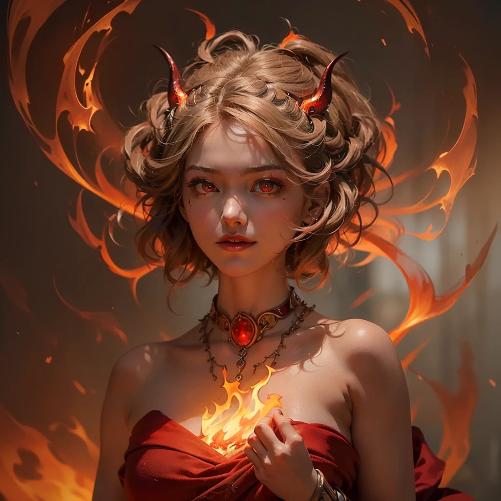 (Numerous award-winning masterpieces, incredibly detailed, Texture and maximum detail), (hyper realistic:1.4), (realistic:1.3), (Top quality real textured skin), (Detailed circular symmetrical eyes), A face depicted in detail, ((medieval world)), (full body portrait:1.6), ((The Flame of the Lord The Devil)), ((The Devil, the Lord's Hellfire)), (Eyes like brightly burning ice), (Full body standing image:1.6), (She has a mischievous smile on her face), (eyes glowing red in the dark:1.5), (A pair of red eyes with intense red light radiating from within.:1.5), (Full body standing image:1.5), (배경에서 swirling flames과 불꽃), (dramatic light), (a majestic sight), (Her face is gentle and beautiful, But it's somehow scary), glass earrings for ears, (dramatic photo:1.4), (gives Full body standing image:1.5), ((dramatic pose)), (golden hair), (silver hair), (Chestnut fur), Short hair, ((I look up)), ((looking down)), (Around her neck hangs a simple necklace with exquisite workmanship..), (Bio-luminescence with brilliant light:1.3), (Use gorgeous fire magic:1.2), (swirling flames), Devil's Crusade, Devil's Crusade, big temple, cathedral, temple ruins, separate temple, (shining magic circle), ancient castle ruins, Shining majestic cloud clumps and sky, wildfire, epic realistic, withered, Art, (Greg Rutkowski:0.8), (turquoise and orange:0.4), (Art station:1.5), cinematic, ((neutral color)), (HDR:1.5), (muted colors:1.2), very detailed, dramatic light, (intricate details:1.1), complex background,
