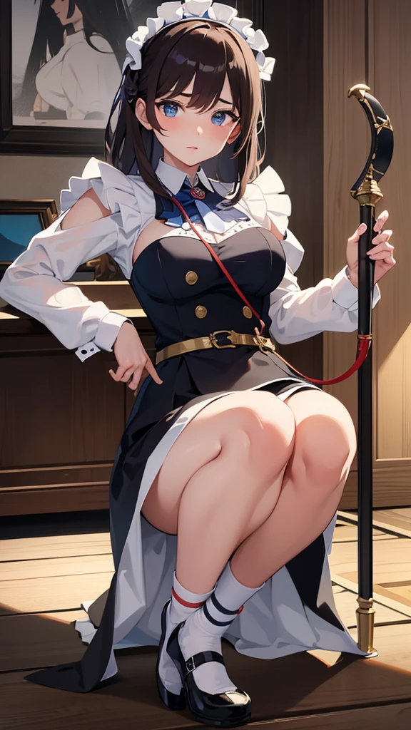 masterpiece, best quality,mei karuma, ascot, whip, holding whip, jewelry, holding,(kbxll:0.5)