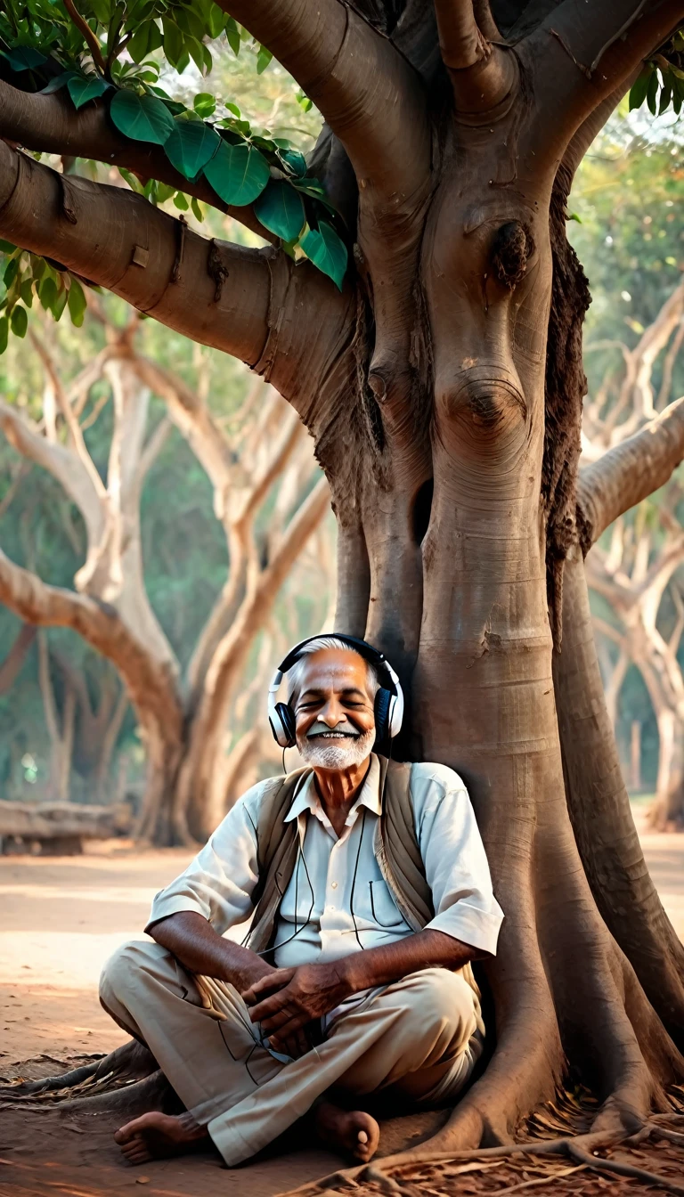 In an 1800 rural Indian village, PORTRAIGHT OF a OLD man wearing Bose headphones sits under a banyan tree, eyes closed, and a serene smile on his face as he enjoys the music flowing into his ears, ultra realistic PHOTO. 8K