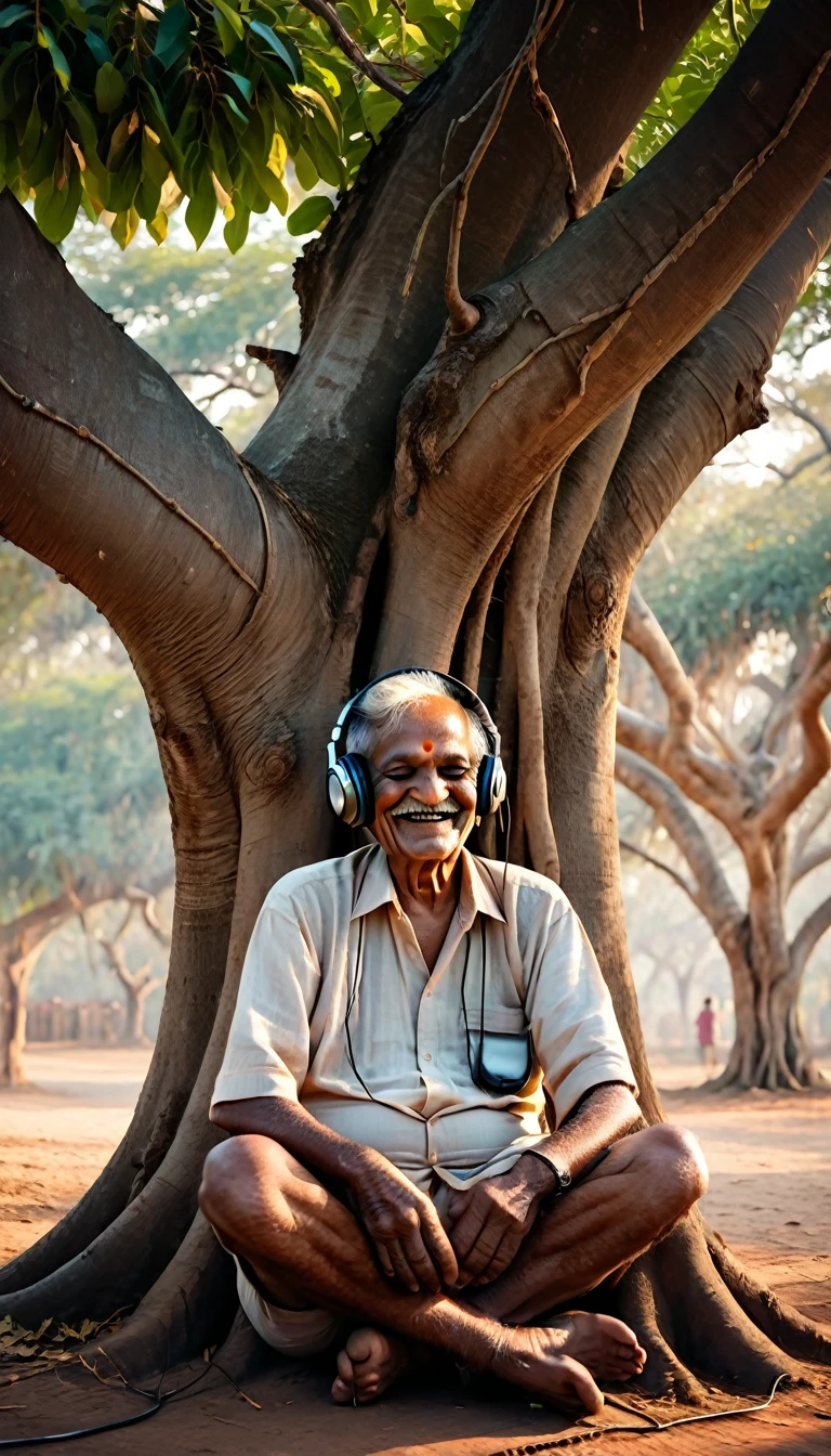 In an 1800 rural Indian village, PORTRAIGHT OF a OLD man wearing Bose headphones sits under a banyan tree, eyes closed, and a serene smile on his face as he enjoys the music flowing into his ears, ultra realistic PHOTO. 8K 