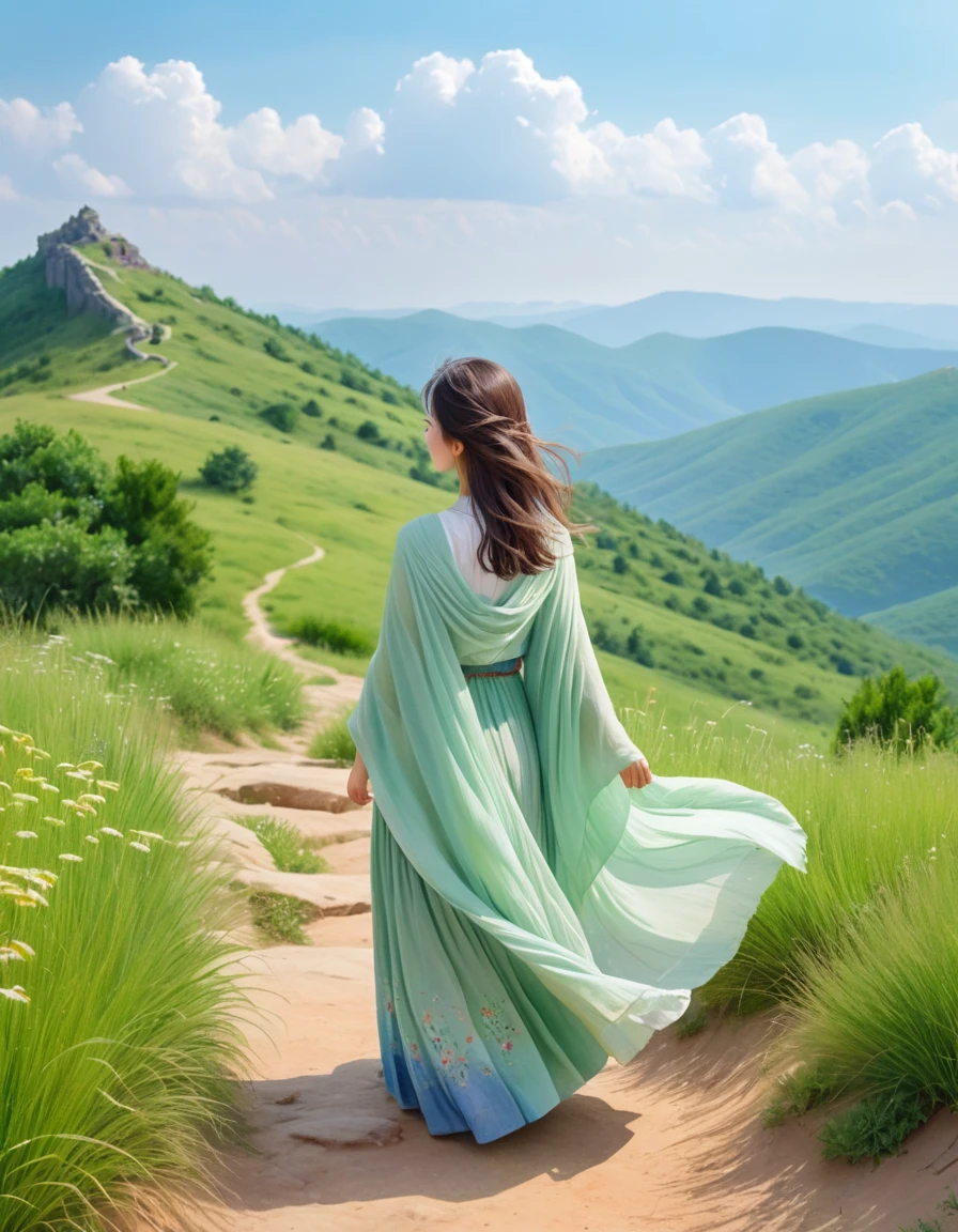 pastel color, watercolor, from behind, a ultra detailed cute photograph, Summer plateau and the frail young lady is serene and beautiful. The summer plateau is lush with greenery, with a pleasant breeze blowing through. In the midst of this, there is a frail young lady. She is wrapped in a thin shawl, enjoying the wind of the plateau. Her face is healed by the refreshing air of the plateau, gradually gaining color.