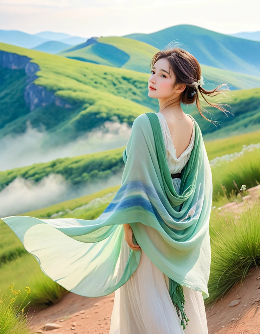 pastel color, watercolor, from behind, a ultra detailed cute photograph, Summer plateau and the frail young lady is serene and beautiful. The summer plateau is lush with greenery, with a pleasant breeze blowing through. In the midst of this, there is a frail young lady. She is wrapped in a thin shawl, enjoying the wind of the plateau. Her face is healed by the refreshing air of the plateau, gradually gaining color.