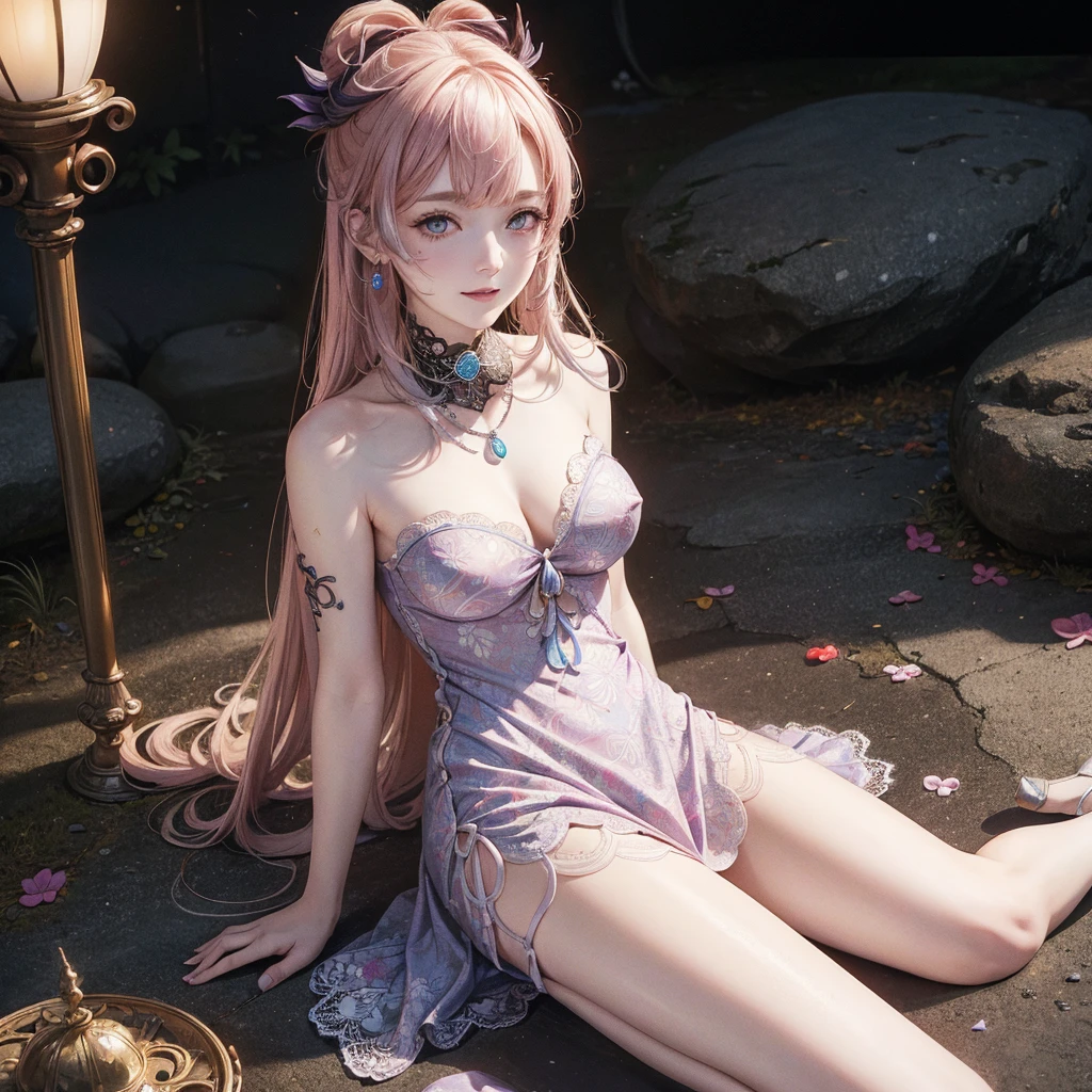 (msterpiece:1.3), (8k, RAW photo, best quality: 1.4), beautiful face, beautiful hairstyle, beautiful detailed eyes, beautiful skin, absurdres, attractive, ultra high res, highly detailed,NSFW, 1 girl in abandoned underground basement, big breast,facial close up,necklace,arms behind back,evil smile,knife,light long hair, ultra detailed skin,Heavy makeup, flower hairpin, naked,colorful patterned lace dress, dirty ground,on a rock,bondage,dirty rock,half body,spread legs, exposed pussy,