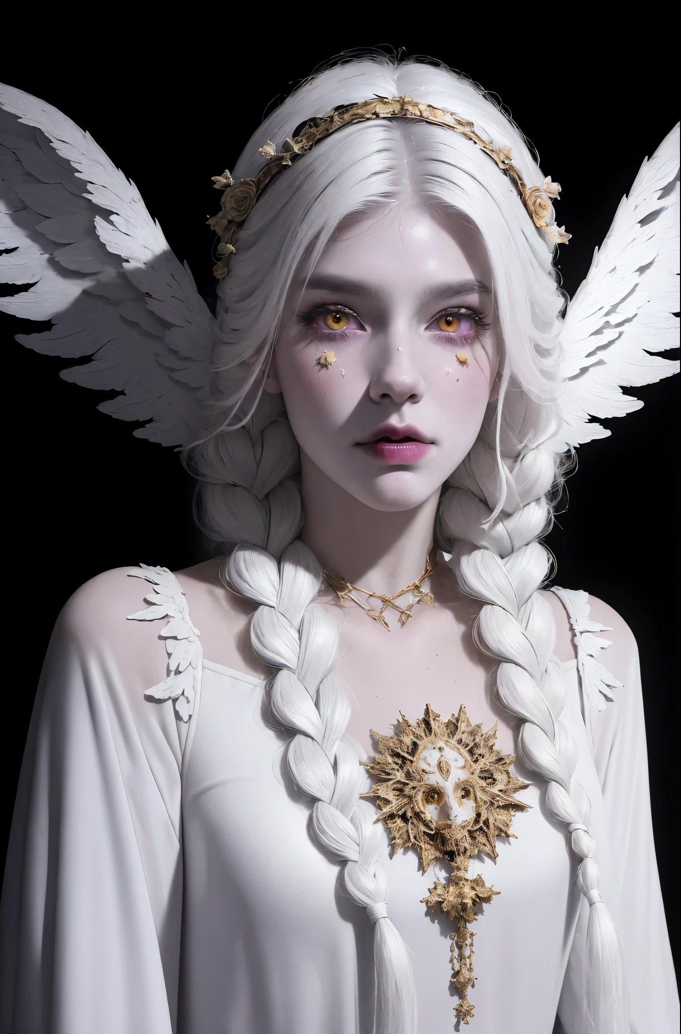 (Masterpiece), (Best Quality: 1.4), absurdities, [:intricate details:0.2],witch, angel wings, milky way, sky, bright aura, intense focus, crackling energy, mysterious symbols, bright specks,Paticulas,many details,best quality, masterpiece,white hair, gold eyes,white clothes, looking up, upper body,hair strand,Fair skin,side braids