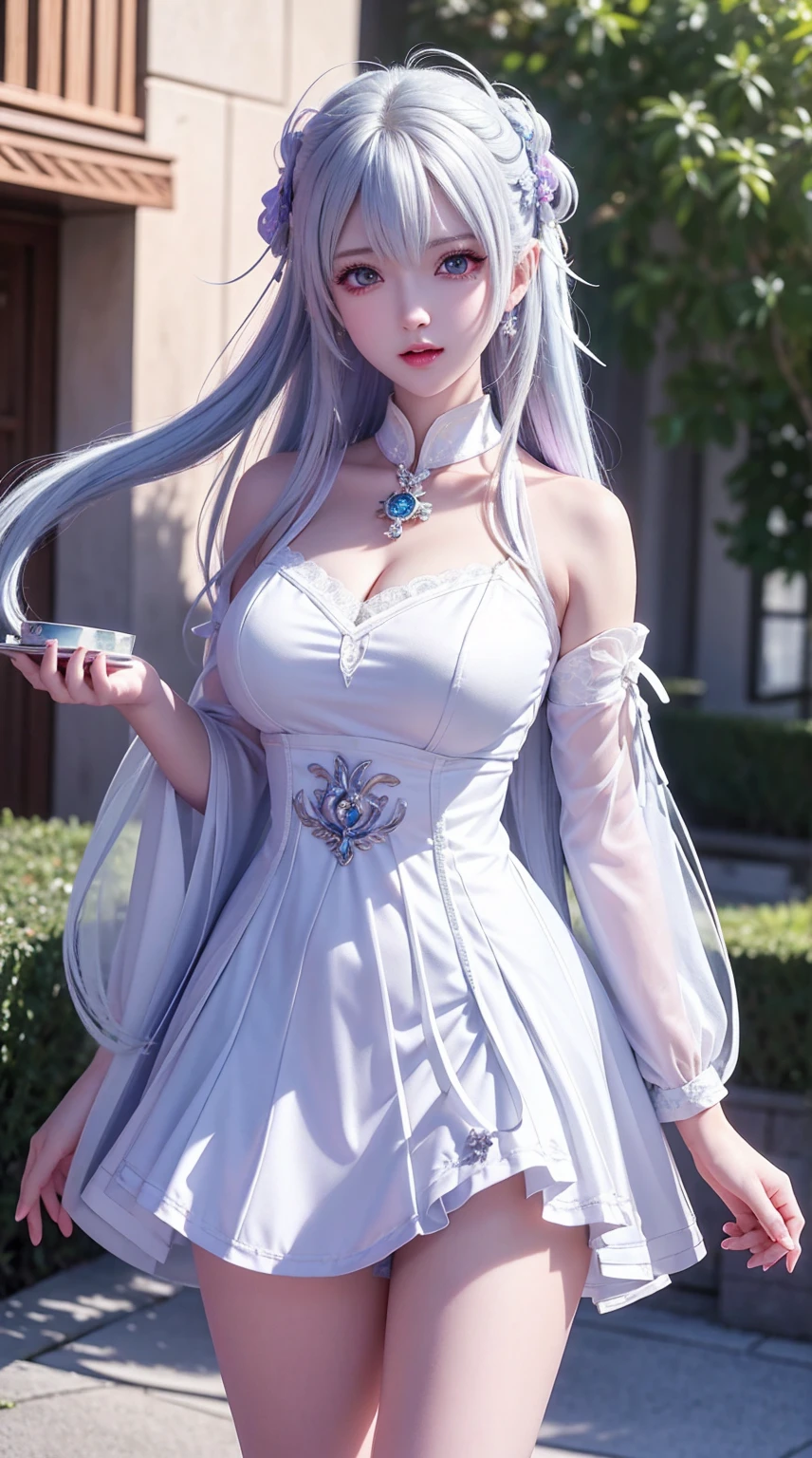 (Ultra-detailed,A high resolution,Best quality:1.2),Purple eyes anime girl holding cup,White-haired deity, The influence of Ayaka Kamisato, Silvery-white hair, Inspired by games "Blue Lane," Smooth anime CG art, From "girls' frontline," Today's featured anime stills, Hajime Ayatani, animated still, Blue alley style, anime visual of a cute girl, White-haired female upper body，Cowboy photos,realisticlying、Masterpiece 2:0，4k quality、ultra - detailed，best qualtiy、offcial art、Beauty and aesthetics