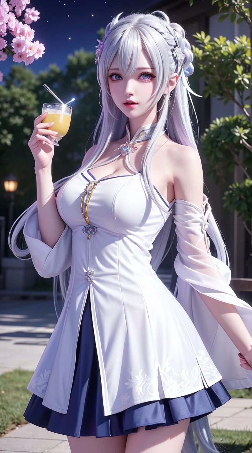 (Ultra-detailed,A high resolution,Best quality:1.2),Purple eyes anime girl holding cup,White-haired deity, The influence of Ayaka Kamisato, Silvery-white hair, Inspired by games "Blue Lane," Smooth anime CG art, From "girls' frontline," Today's featured anime stills, Hajime Ayatani, animated still, Blue alley style, anime visual of a cute girl, White-haired female upper body，Cowboy photos,realisticlying、Masterpiece 2:0，4k quality、ultra - detailed，best qualtiy、offcial art、Beauty and aesthetics