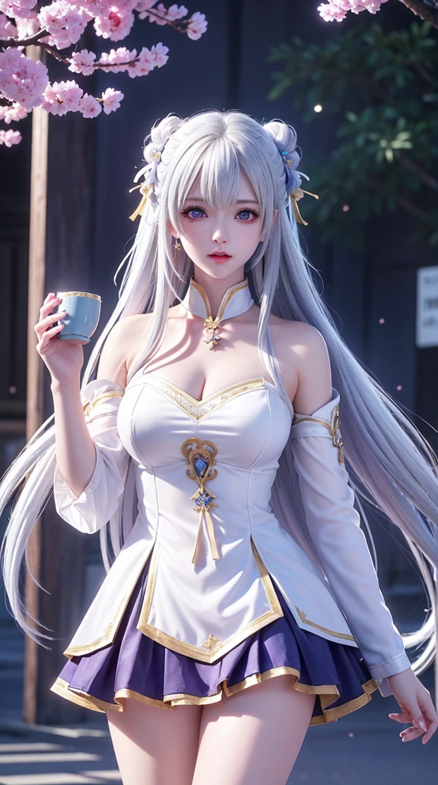 (Ultra-detailed,A high resolution,Best quality:1.2),Purple eyes anime girl holding cup,White-haired deity, The influence of Ayaka Kamisato, Silvery-white hair, Inspired by games "Blue Lane," Smooth anime CG art, From "girls' frontline," Today's featured anime stills, Hajime Ayatani, animated still, Blue alley style, anime visual of a cute girl, White-haired female upper body，Cowboy photos,realisticlying、Masterpiece 2:0，4k quality、ultra - detailed，best qualtiy、offcial art、Beauty and aesthetics