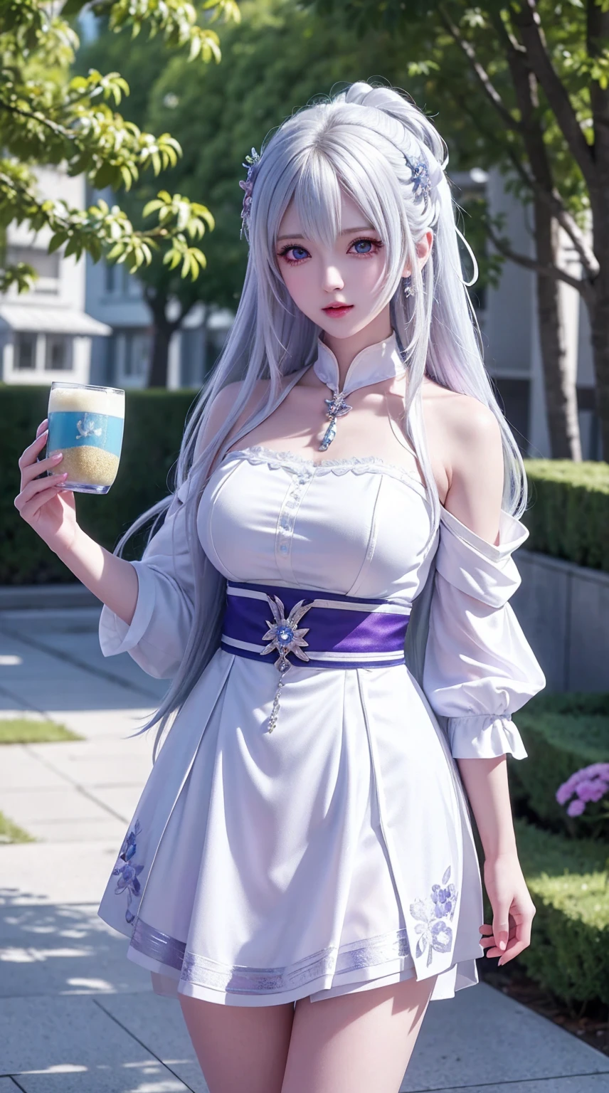 (Ultra-detailed,A high resolution,Best quality:1.2),Purple eyes anime girl holding cup,White-haired deity, The influence of Ayaka Kamisato, Silvery-white hair, Inspired by games "Blue Lane," Smooth anime CG art, From "girls' frontline," Today's featured anime stills, Hajime Ayatani, animated still, Blue alley style, anime visual of a cute girl, White-haired female upper body，Cowboy photos,realisticlying、Masterpiece 2:0，4k quality、ultra - detailed，best qualtiy、offcial art、Beauty and aesthetics