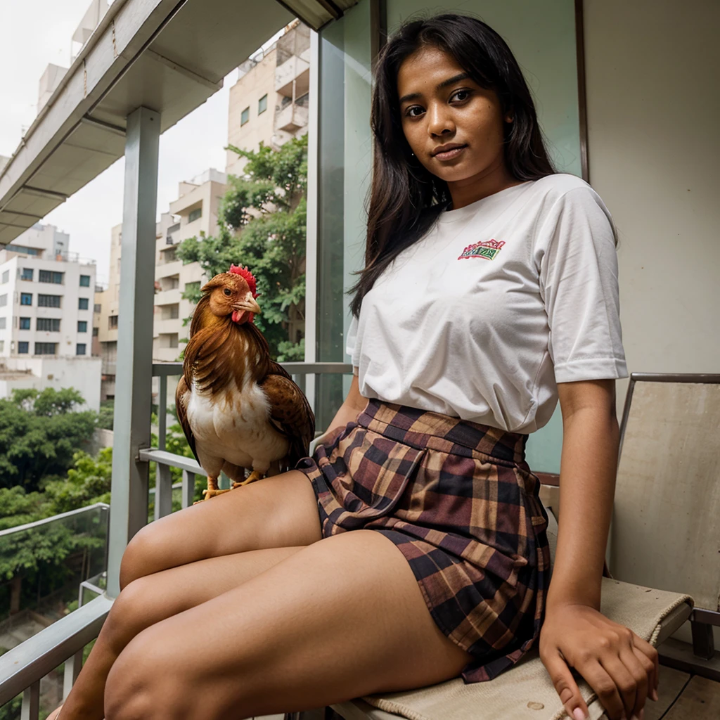 A Bangladeshi girl is sitting on the balcony with a chicken in her lap