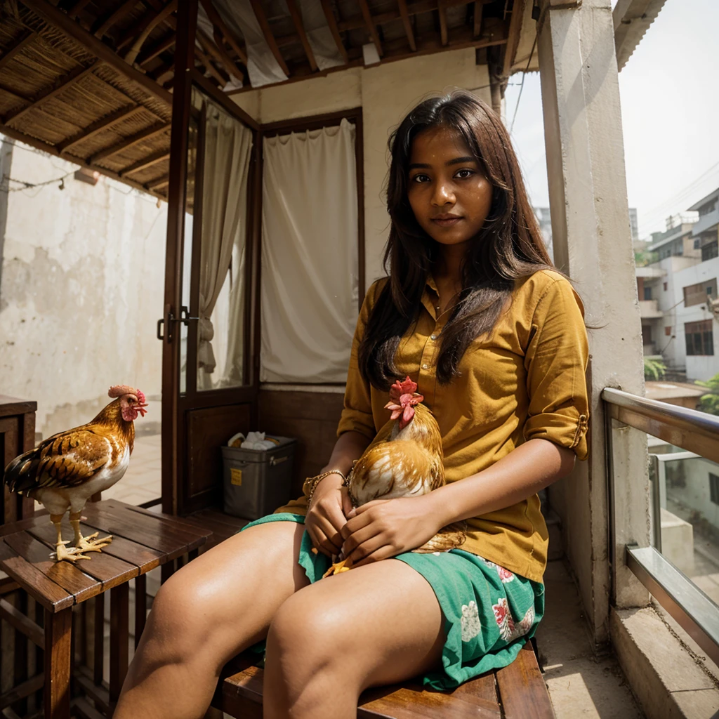 A Bangladeshi girl is sitting on the balcony with a chicken in her lap