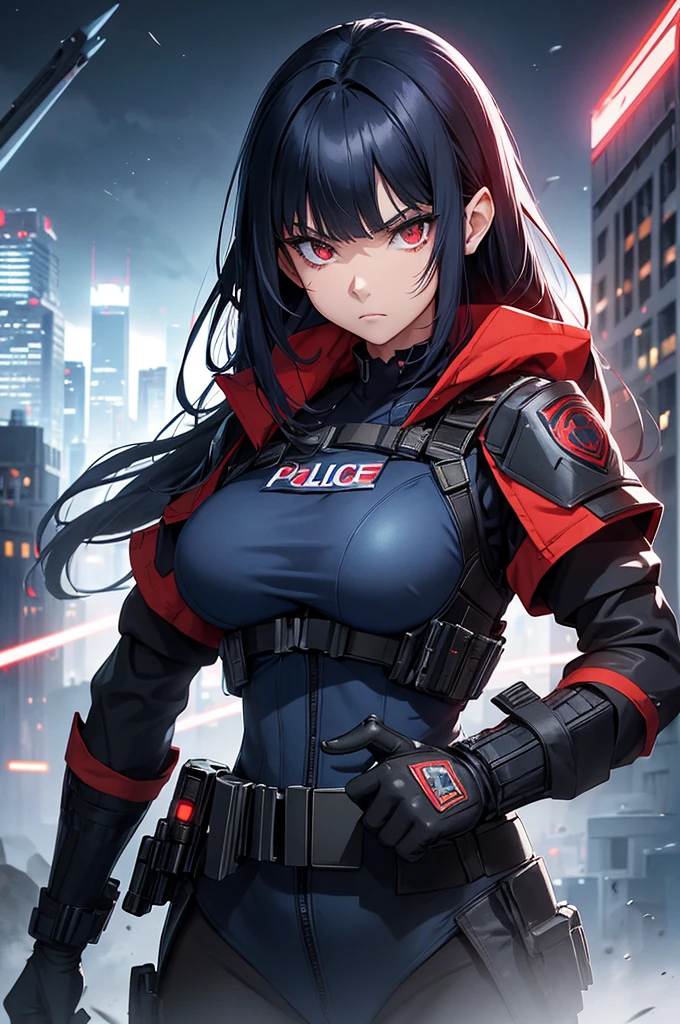 Create high quality images featuring a red eyed elf girl with dark navy blue hair and straight bangs。She is a member of the police special forces.。Wearing a black and blue bulletproof vest。Aggressive pose。Aggressive facial expression。Holding a blue lightsaber。In the background is the city inside the dome。 Next to her is a black armored vehicle.。