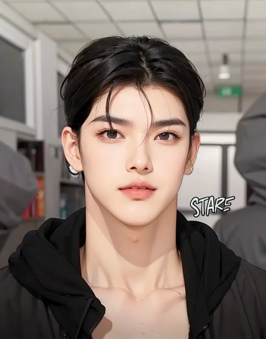Handsome boy, black hair, brown eyes, wearing black jacket