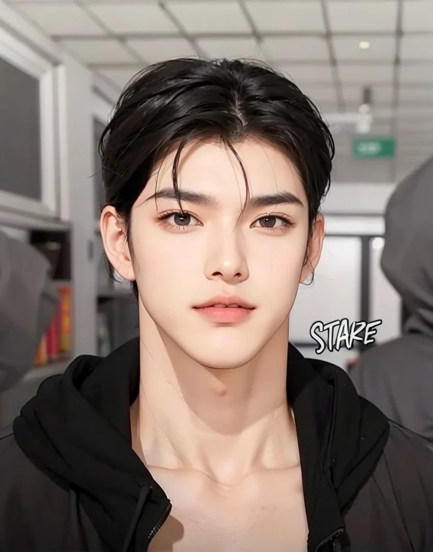 Handsome boy, black hair, brown eyes, wearing black jacket