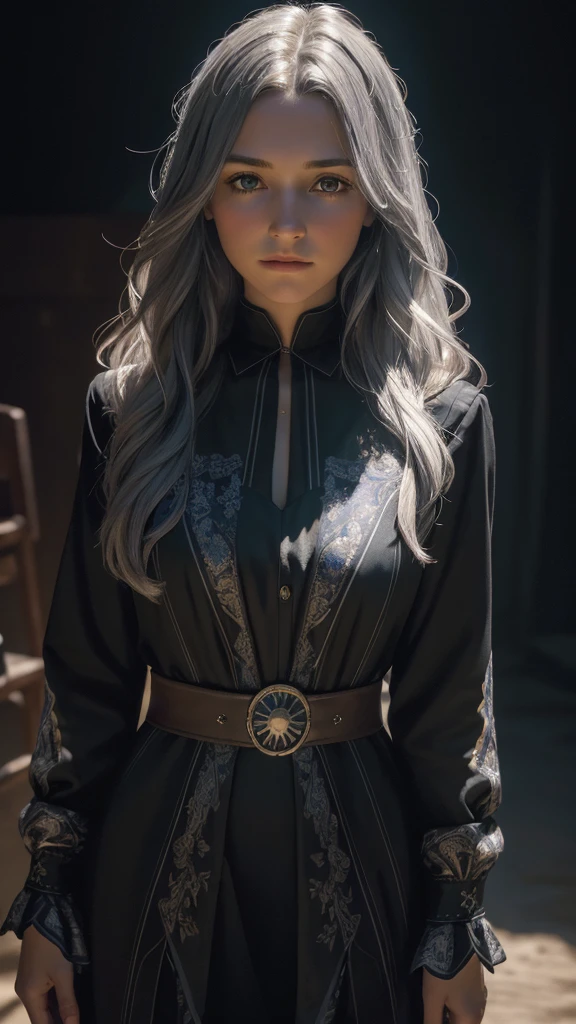 (Front Focus),(In the Dark:1.6), Hyperrealist Female Portrait by David Hockney and Alphonse Mucha,Fantasy art, Photo Real, Dynamic Lighting, Art Station, Poster, Volumetric lighting, Highly detailed face, 4k yen, Awards,, One girl, In the Dark, Deep Shadow, Modest,Cowboy Shot,(Official attire:1.4) ,Long Hair,Gray Hair,