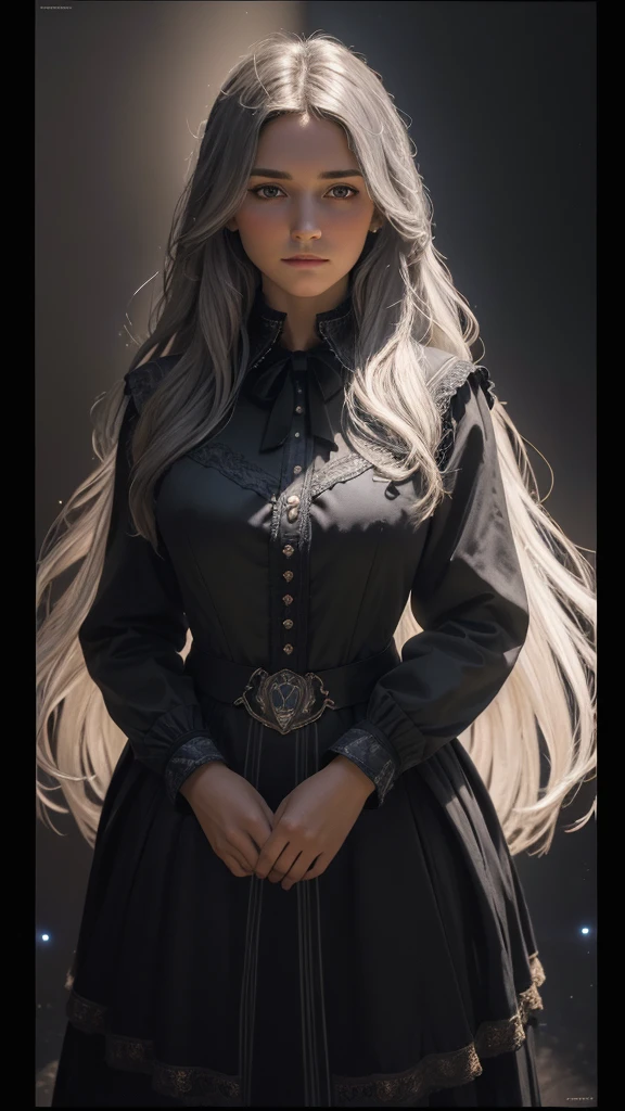 (Front Focus),(In the Dark:1.6), Hyperrealist Female Portrait by David Hockney and Alphonse Mucha,Fantasy art, Photo Real, Dynamic Lighting, Art Station, Poster, Volumetric lighting, Highly detailed face, 4k yen, Awards,, One girl, In the Dark, Deep Shadow, Modest,Cowboy Shot,(Official attire:1.4) ,Long Hair,Gray Hair,