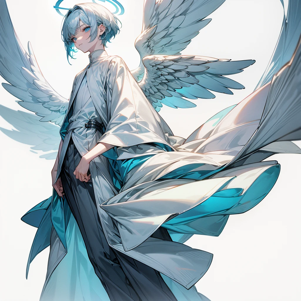 1boy, pale blue hair, straight bangs, small, thin, neutral expression, very pale skin, comfy clothes, angel, cute boy, concept art, serious, halo, 1fullbody + 1headshot, white background, character art