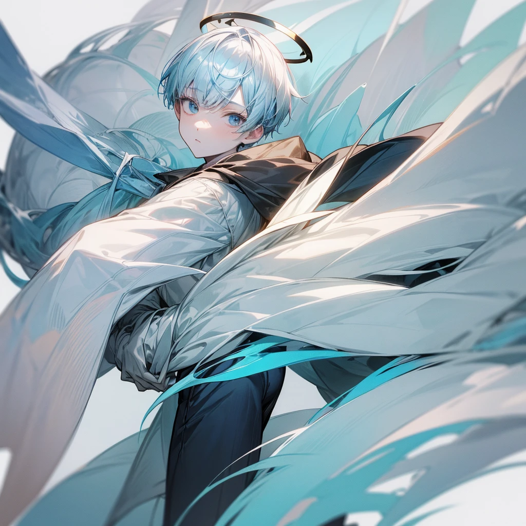 1boy, pale blue hair, straight bangs, small, thin, neutral expression, very pale skin, comfy clothes, angel, cute boy, concept art, serious, halo, 1fullbody + 1headshot, white background, character art