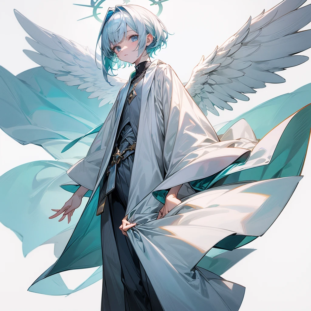 1boy, pale blue hair, straight bangs, small, thin, neutral expression, very pale skin, comfy clothes, angel, cute boy, concept art, serious, halo, 1fullbody + 1headshot, white background, character art