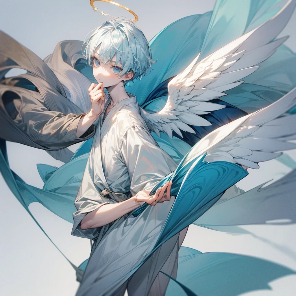 1boy, pale blue hair, straight bangs, small, thin, neutral expression, very pale skin, comfy clothes, angel, cute boy, concept art, serious, halo, 1fullbody + 1headshot, white background, character art