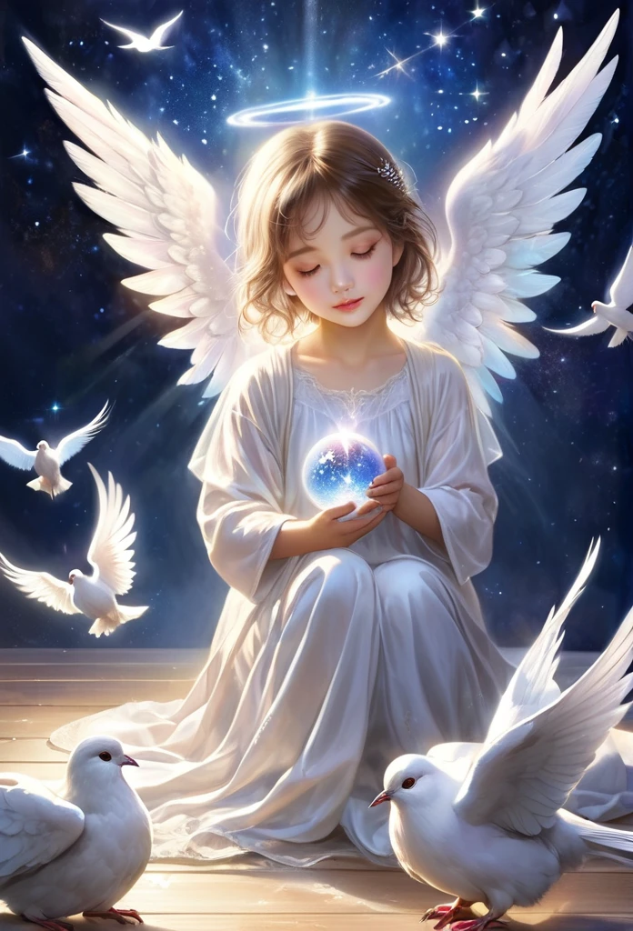  (abot 4 years)angel, delicate angel wings,knelling on the floor,bright night,holdin a dove, Magic background(refined details),(art work),(high quality)