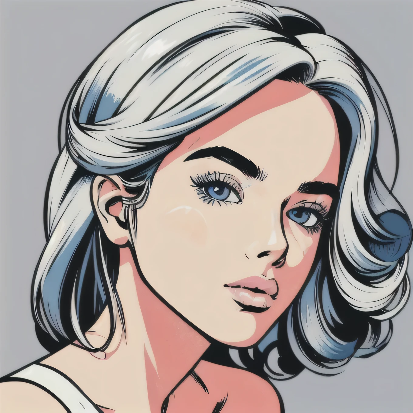 Flat Color, 25 year old surfer girl, Sunburn, ([blue eyes]) Long white wavy hair, Natural beauty, beautiful, casual, White tank top, masterpiece, Pop Art, close, Portraiture, Anime Style, Simple and bold colored line art, Manga style illustration, Cartoon Art Style, Digital illustration style, highly detailed character design, Cute and detailed digital art, beautiful digital illustration, high quality Portraiture, Comic art, Character Design Portrait, (([Simple gray background])) Pop Art, 