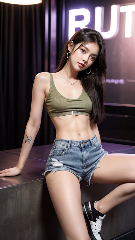 young girl, (19 years old), (perfect face), fit the body (ขาtattoo), (style: rock), (have green eyes), (Full body only......), (tired: shirtless, bare chest ,Cover the chest with your hands..., tan skin, เปิดหน้าท้องกว้าง ripped jean shorts , open thigh high,low waist,tattooใต้สะดือ), (purple, short, straight hair), (moderate, Open your stomach wide..., rounded chest), (in the background, rock style night club). tattoo, tattooใต้สะดือ, tattooต้นแขน, tattooต้นขา