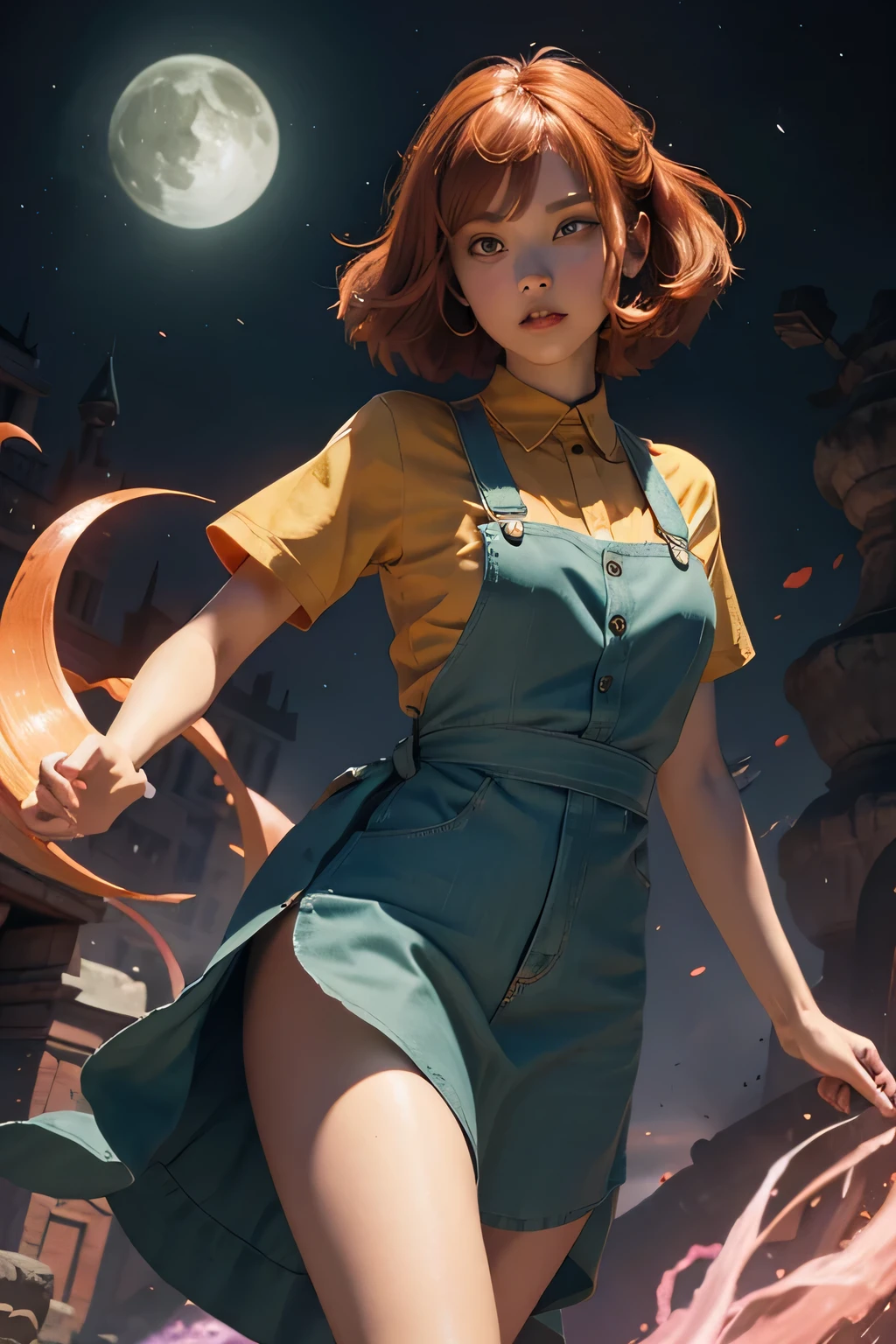 concept art, overhead angle of a Will-o'-the-wisp, wearing Funny Somali Emerald deep orange Pinafore, Caramel hair styled as Short hair, fluorescent purple Hair tie, equirectangular 360, Highres,  [(art by Willi Baumeister:1.1), (art by John T. Biggers:1.2)::17], official art, unity 8k wallpaper, ultra detailed, aesthetic, masterpiece, best quality, photorealistic