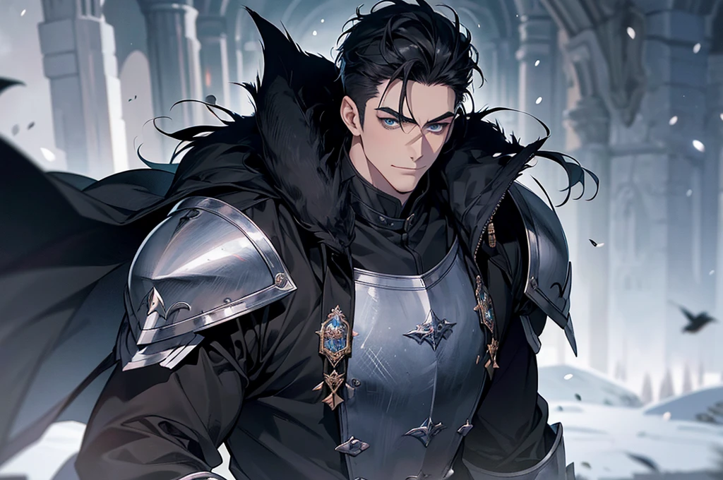 Masterpiece, Highest quality, Heavy snow, Cold Weather, realistic, 1 person, mature man, A quiet and charming young man, 30 years old, smile, gag, Portrait, Highly detailed face, 寒さとsmile, ((blue eyes)), ((black short hair)), [Thick eyebrows], battlefield, ((black long coat)), ((all black)), (blue eyes) ,Short Black Quiff Hair with Soft Fringe, handsome , muscle, Facial expressions, Black Knight Armor (Plain black armor) , black fur shawl(Masterpiece,best quality,special, (Broad shoulders)) (muscle), male focus, Hand Held Weapons (Crescent repeater),Lipo,Fang Tian Hua Ji, Face gigantic and terrifying monsters.. Describe the man&#39;s appearance., Details of his repeater, Characteristics and characteristics of monsters, and convey the tension and power of the encounter.."