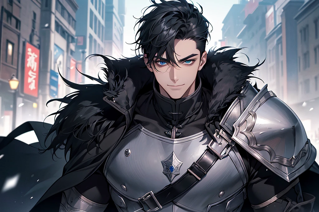 Masterpiece, Highest quality, Heavy snow, Cold Weather, realistic, 1 person, mature man, A quiet and charming young man, 30 years old, smile, gag, Portrait, Highly detailed face, 寒さとsmile, ((blue eyes)), ((black short hair)), [Thick eyebrows], battlefield, ((black long coat)), ((all black)), (blue eyes) ,Short Black Quiff Hair with Soft Fringe, handsome , muscle, Facial expressions, Black Knight Armor (Plain black armor) , black fur shawl(Masterpiece,best quality,special, (Broad shoulders)) (muscle), male focus, Hand Held Weapons (Crescent repeater),Lipo,Fang Tian Hua Ji, Face gigantic and terrifying monsters.. Describe the man&#39;s appearance., Details of his repeater, Characteristics and characteristics of monsters, and convey the tension and power of the encounter.."