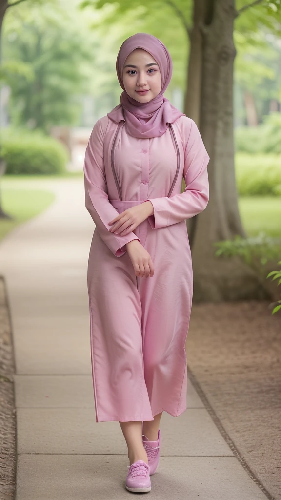 ((best quality)), ((masterpiece)), ((realistic)), woman, 45-year-old, Japanese woman, wearing black Hijab , short girl, mesmerizing blue eyes, extremely detailed, natural skin tone, saggy breast, skin with pores, wearing pink long sleeves plicated suit maxi dress, fitted maxi dress, portrait, full body shot, fit body, wearing pink shoes, side view, side shot, walking in park, shallow depth of field, body fully covered with clothes except face and hands