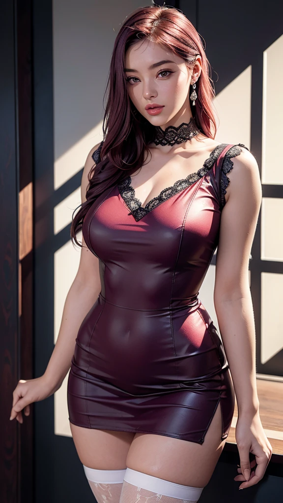 1girls, Female maid,Delicate and beautiful face, get blush, Purple pupils,red tinted hair,long haired,Gemstone earrings, Plump chest,Convex buttocks,Black and white short shirt,red short dress,Black lace stockings,perfectly proportioned, Detailed clothing details, schoolyard,pupils,The sunlight,Cinematic lighting, filmgrain, Fujicolor, light and darkcontrast, 8K, masterpiece, Textured skin, Super detail, high detailes, High quality, high resolusion,