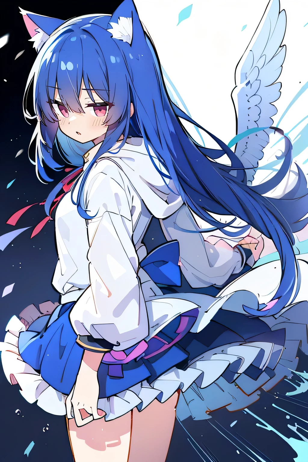 (masterpiece:1.2),Super detailed,lifelike,Expressive eyes,fair skin,perfect face shape,1 girl,
Japanese comics,Gorgeous blue hair,flowing blue hair,flowing clothes,Cat ears,Petals fall,beautiful lola,Baby Angel,
Shaking head with one hand,Cross your legs,Gentle and peaceful background,The pavilion is cool and comfortable,smile, wearing hoodie, background of tokyo,back views,snowing, winter,Angel wings,The world is open,shameful expression、Upper Body、close up、coat、skirt