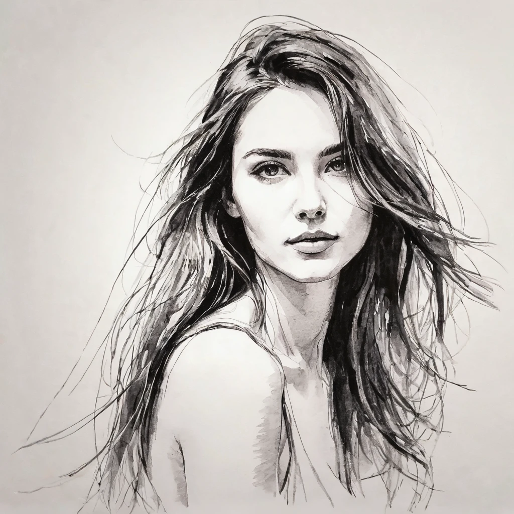 beautfull woman, head to shoulders pose, long hair, rough pen drawing with minimal strokes, work of art