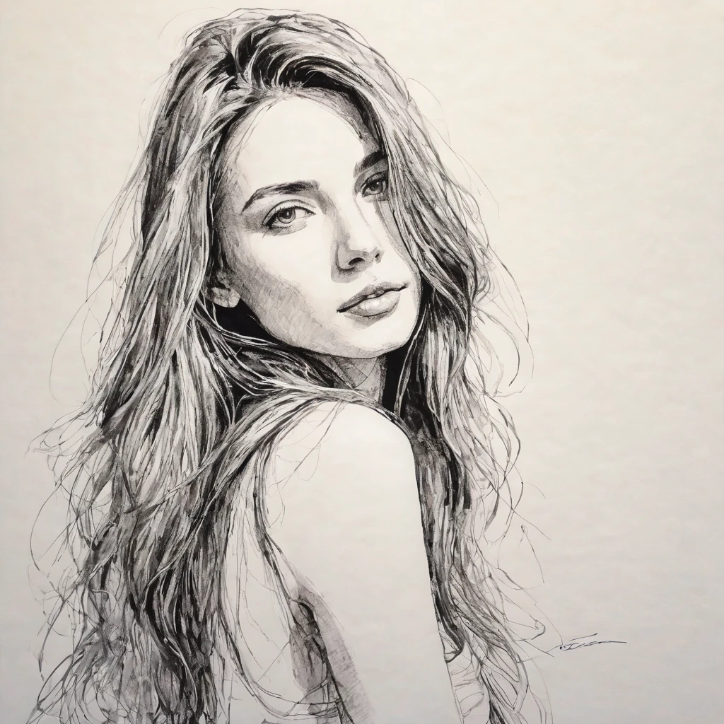 beautfull woman, head to shoulders pose, long hair, rough pen drawing with minimal strokes, work of art