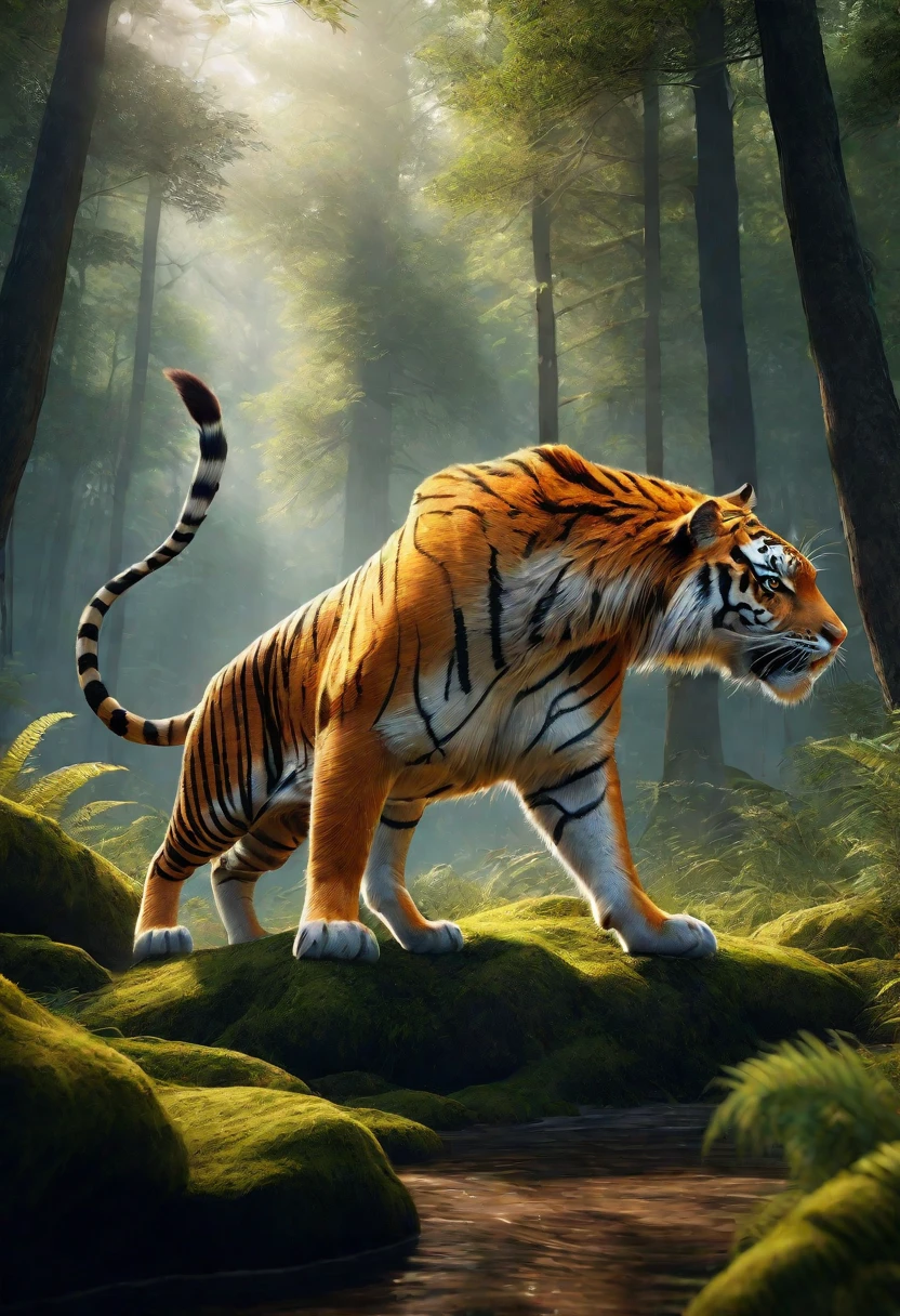 There is a wild beast in the forest,The tail of the cow,The body of a tiger(best quality,4K,8K,High level,masterpiece:1.2),Ultra Detailed,(lifelike,Photo real,Photo real:1.37),Highly detailed animals,Realistic lighting,Fantasy Creatures