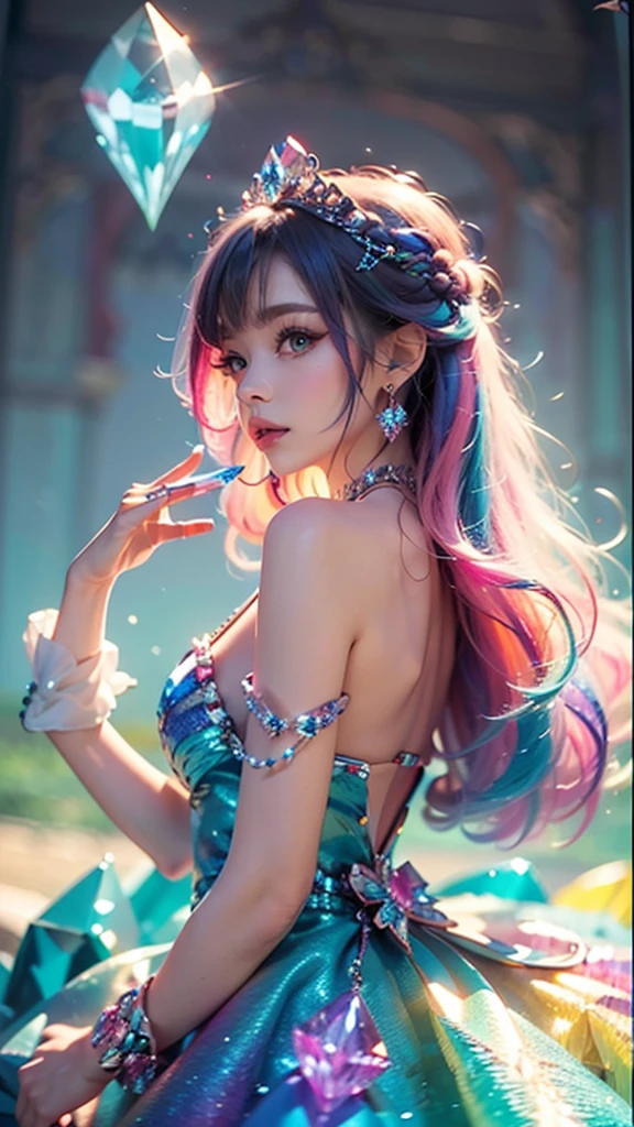 best quality,masterpiece,16k,1littlebaby Prettybaby baby bangs, bare shoulders, breasts, crown, crystal, dress, from side, gem,Colorful crystals,Crystal Headwear,There are many crystals on the clothes,Colorful gradient hair,Colorful Dress,Floating Colorful Crystal,Crystal on the body,Crystal necklace,Colorful crystal decoration,Crystal Girl, gradient hair, jewelry, long hair, makeup, medium breasts, multicolored hair, pink hair, solo, tiara 赤ちゃん チビアニメ 散りばめられたクリスタル