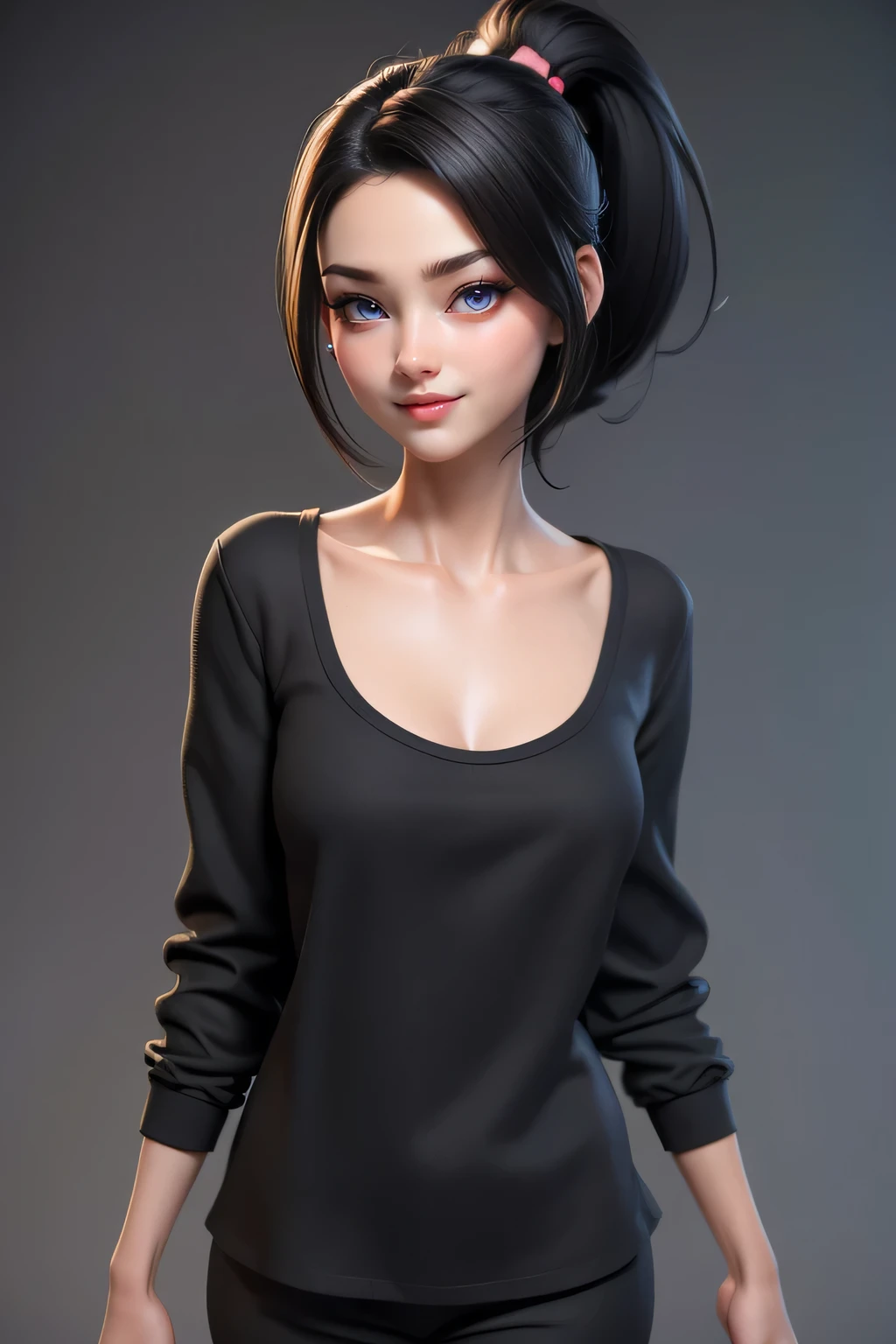 A hyper realistic carricature ,photorealism,of a skinny woman 25 yo.with random hair style,standing.wearing sexy black pijama ,light smile, high detail,3d render,high definition