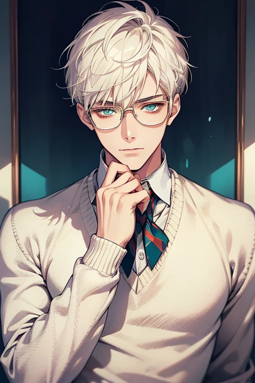 ((Masterpiece, Highest Quality)), Detailed Face, male, white sweater, turquoise eyes, (((Top Quality))), Short hair, Shaved whiskey,Spits, white colored hair, Stylish glasses