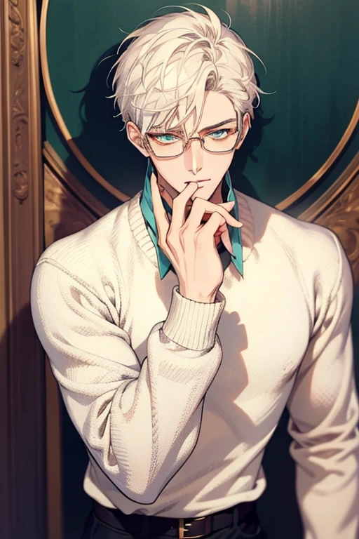 ((Masterpiece, Highest Quality)), Detailed Face, male, white sweater, turquoise eyes, (((Top Quality))), Short hair, Shaved whiskey,Spits, white colored hair, Stylish glasses