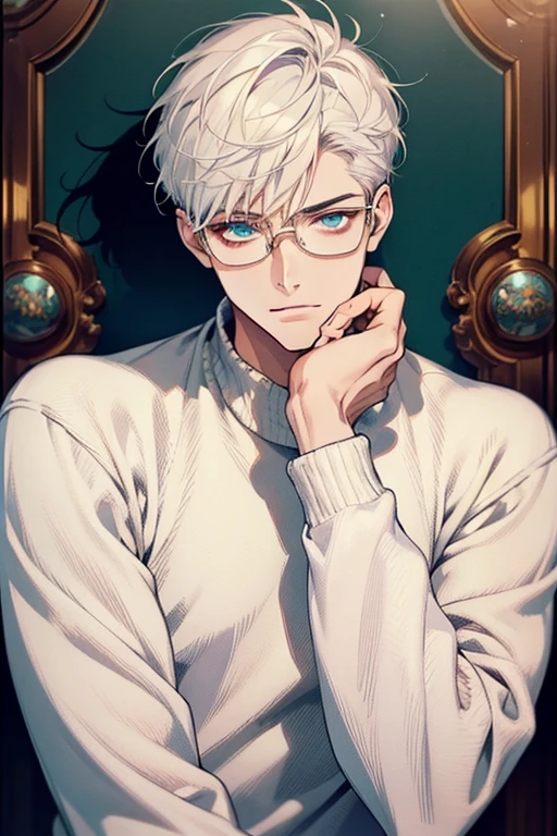 ((Masterpiece, Highest Quality)), Detailed Face, male, white sweater, turquoise eyes, (((Top Quality))), Short hair, Shaved whiskey,Spits, white colored hair, Stylish glasses