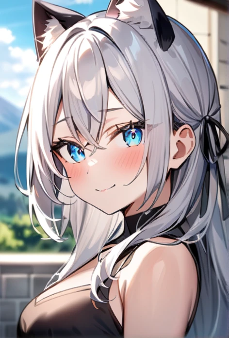 1girl,  alisa mikhailovna kujou,tokidoki bosotto roshia-go de dereru tonari no arya-san,solo, long hair, eyebrows visible through hair, hair between eyes, silver hair, hair ribbon, blue eyes, medium breasts, ((neko ears)), ((cat ears)) 
from behind, portrait, looking to the side, horny smile, outdoors, closed mouth,
best quality, very aesthetic, absurdres, scenery, extremely cute and sexy