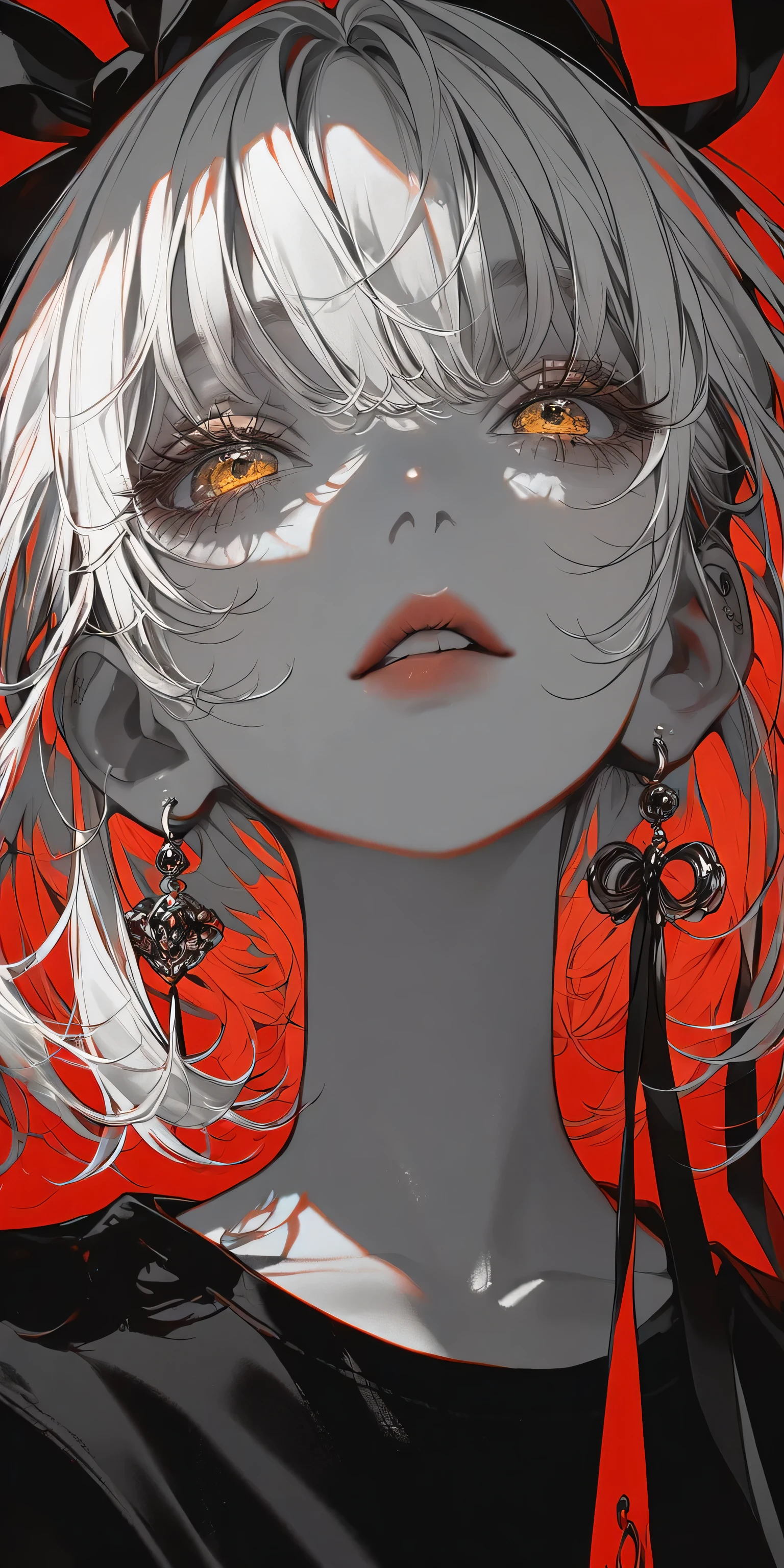 1girl, solo, short hair, bangs, shirt, white hair, ribbon, hair between eyes, jewelry, collarbone, black shirt, upper body, earrings, yellow nail, blurry, eyelashes, black ribbon, half open eyes, portfolio, portrait, monochrome, portrait, red theme, album cover