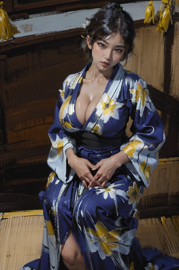 There is a woman squatting on the tatami,(((A MILF: 1.4))), (Beautiful curves:1.35),(((Dark skin))),Curvy physique,, Thick body,((bigger )),((Completely slim down )), (((Pinching the crotch while wearing a yukata))),((take off your bathrobe)),((pubes)), Samu rice paste, model in Japan,((Sexual suggestiveness)),,(Fechin oil painting - Fechin oil painting , oil painted), 00