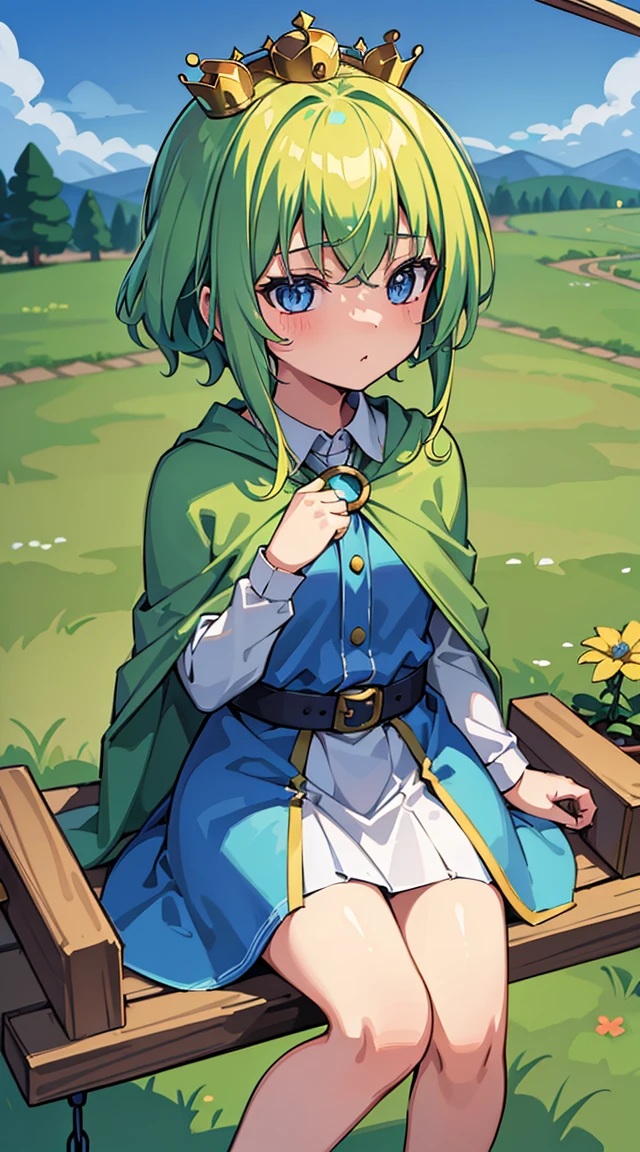 high qualiy, Masterpiece artwork (a teenage girl, Leprechaun) princesselise. small crown. Cute little rascal, hair blonde. blue eyes – green hunting cloak. On the outskirts of the forest. On a rée swing with flowers