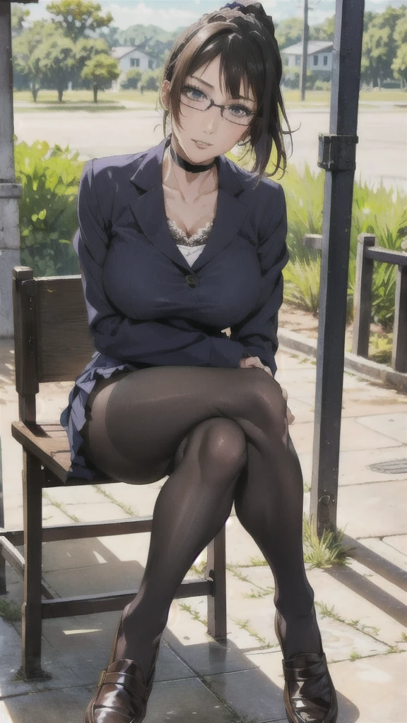 ((Correct Anatomy)),(Female student),((school uniform)),((Sailor suit)),((White lace panties)),(Mini Pleated Skirt),(((black tights))),Ultra-high resolution,Mature Woman, Mature Woman, Very detailed,Sunburned skin,Brown Skin,((Beautiful feet)),(Big Breasts),((Beautiful legs)),Perfect hands, Detailed fingers, Beautiful details, ((Long Hair)),((ponytail)),Black Choker, Earrings,loafers,Glasses,Embarrassing,Perfect Eyes, Captivating eyes,(School)