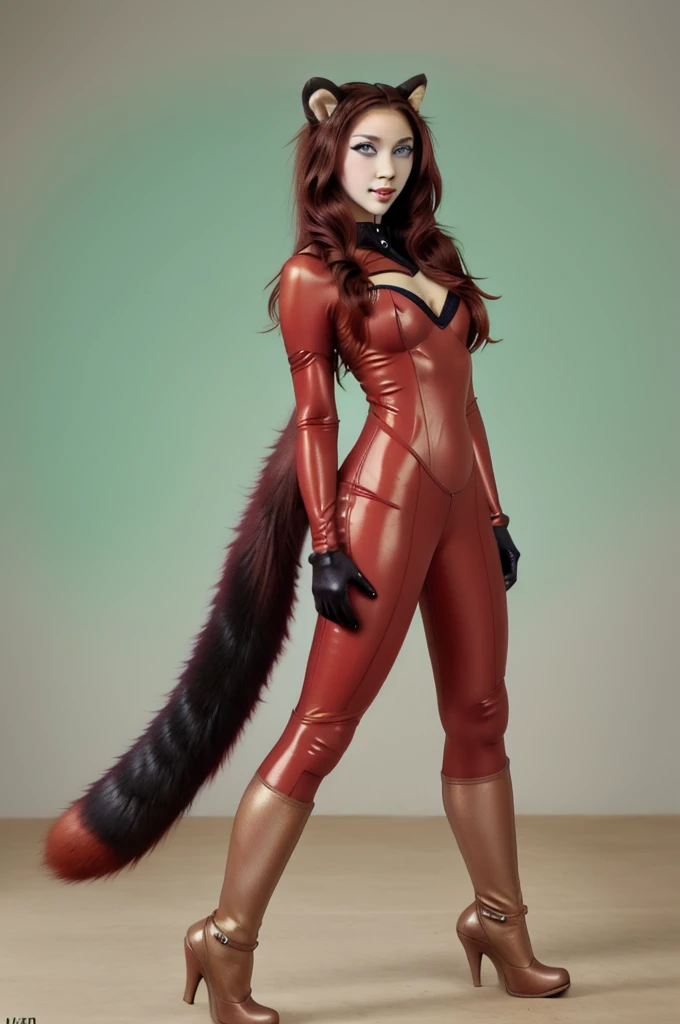 (masterpiece, best quality),  intricate details,
1girl,  raphtalia, animal ears, brown hair, long hair, raccoon ears, raccoon girl, raccoon tail, (red eyes:1.5), tail, 
 latex bikesuit,