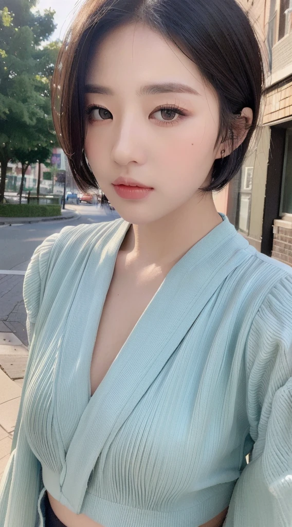 ((Best quality, 8K, Masterpiece :1.3)), Sharp focus :1.2, perfect figure beautiful woman:1.4, (Short hair in layers:1.2)), (Beautiful outfit:1.1 ), (the street:1.2), Highly detailed facial and skin texture, Detailed eyes, double eyelid