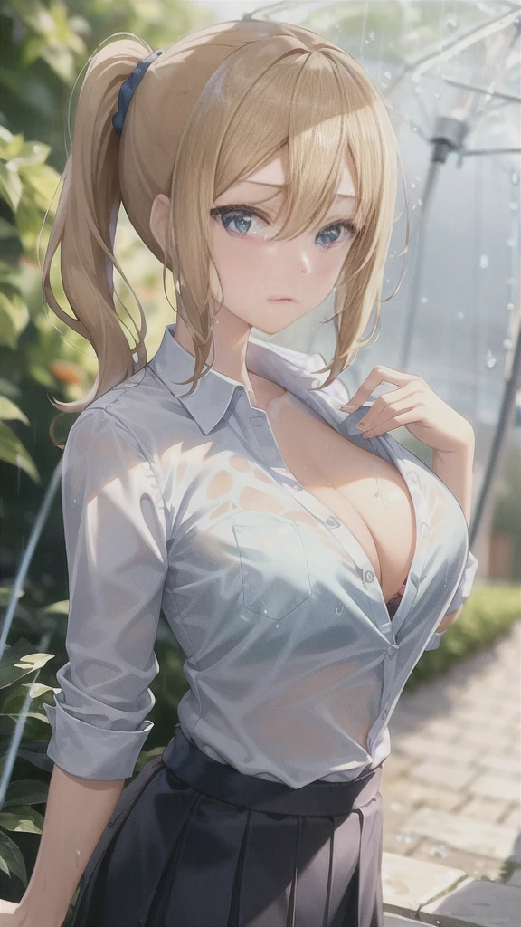mmasterpiece, (best qulaity:1.3), 8K, wallpaper, depth of field, (1girl, hair ornament, (wet), (light blue bra:1.3), (unbuttoned shirt, open shirt:1.4), ((closed mouth)), outdoors, blush, one ponytail, garden, (rain, grey sky:1.3), ((big breasts, cleavage)), (collarbone), (navel), pleated skirt, short_sleeves, looking at viewer)