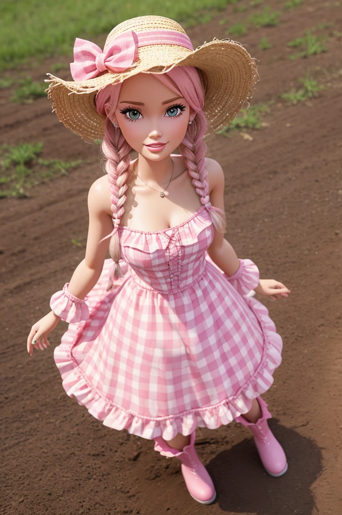 create a 3D pixar style barbie image,She is wearing a pink checkered country dress with ruffles characteristic of a country party, boots and straw hat and two braids,high resolution, 8 k quality, White background, soil in the image