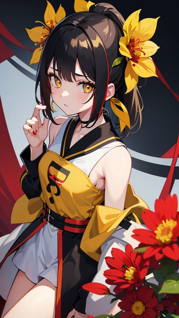 beni, solo, 1girl, yellow_pupils, +_+, black_hair, high_ponytail, red_flower_hair_ornament